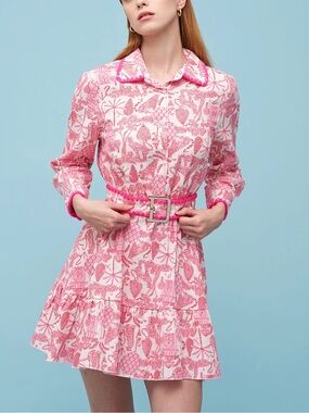 astrid Pink and White Printed Button-Front Tiered Dress L new